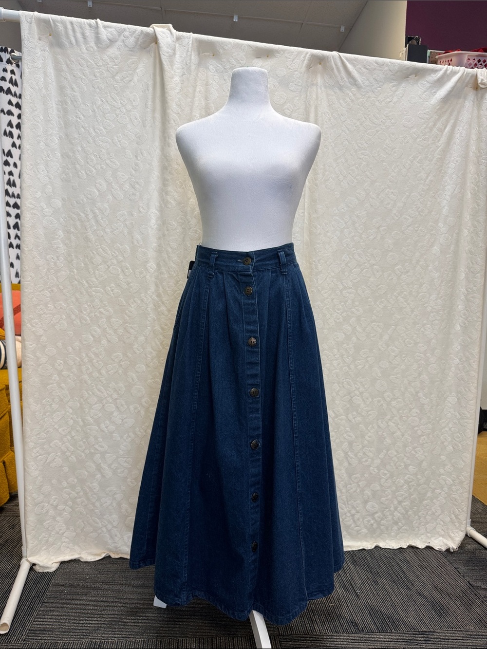 Classic Dark Blue Button-Front Denim Midi Skirt